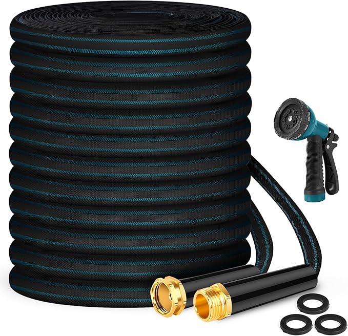 Garden Hose 100ft, Non-Expanding Water Hose, 8 Function Nozzle, Flexible Ultra-Light, Anti-Kink, Wear-Resistant, Portable, Easy Storage, Hose with 3/4 for Outdoor, Garden, Yard, Black Lake Blue