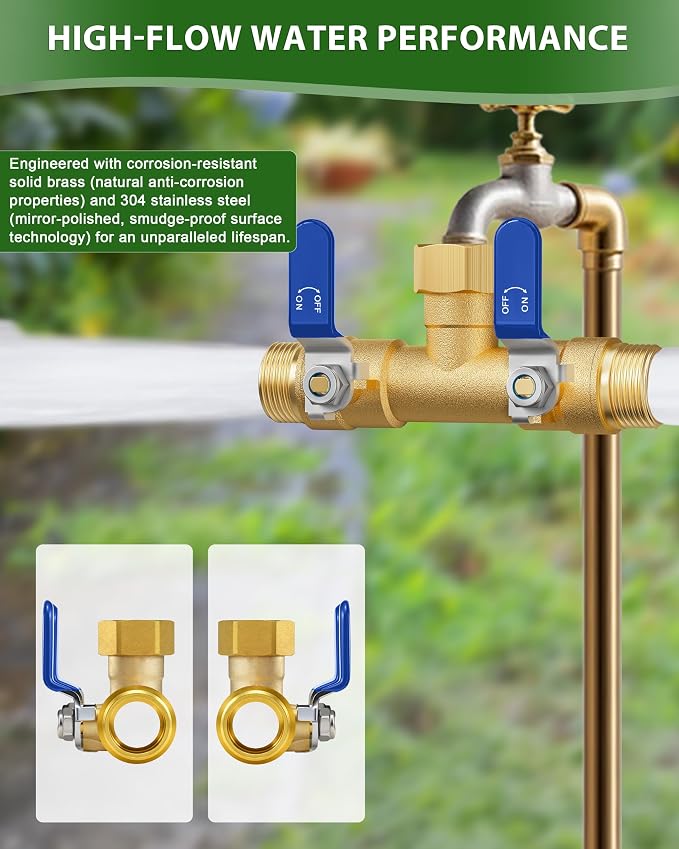 Hose Splitter 2 Way, Heavy Duty Brass Garden Hose Splitter | 0.59" Full Flow Ball Valve Outlet, Shut-Off Valve, 3/4" GHT Thread Water Hose Connector For Outdoor Spigot Faucet (Blue)