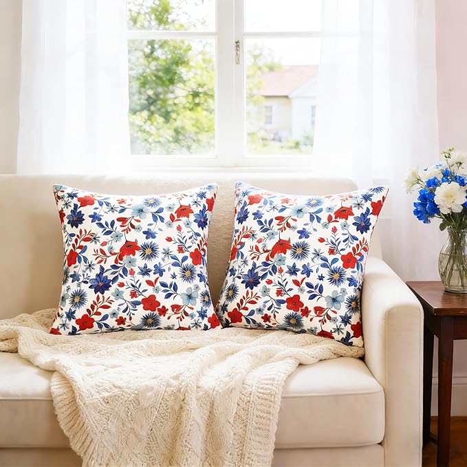 SquarePie 4th of July Outdoor Pillow Covers 18x18 Inch Set of 2 - Waterproof Red Blue Flowers Square Cushion Covers, Patriotic Watercolor Floral Decorative Throw Pillow Cases for Patio Couch Sofa