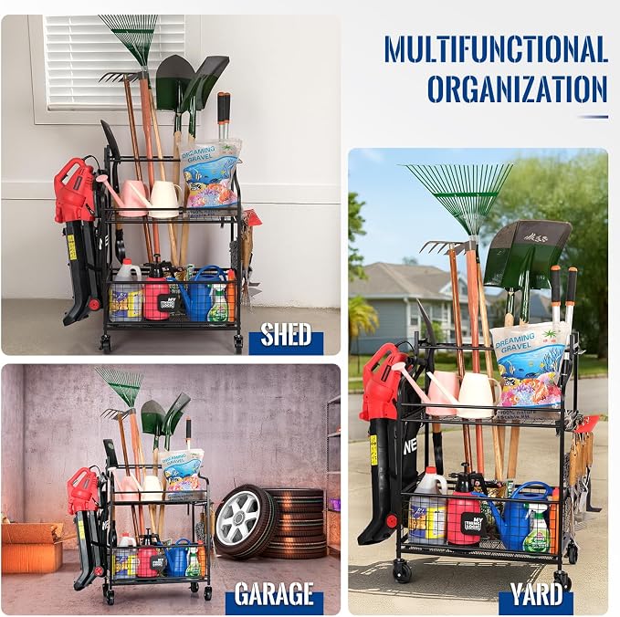 Mythinglogic Garden Tool Organizer for Garage, Yard Tool Rack with Wheels, Garage Organizers and Storage Holder for Yard Tools (Deluxe Tower)