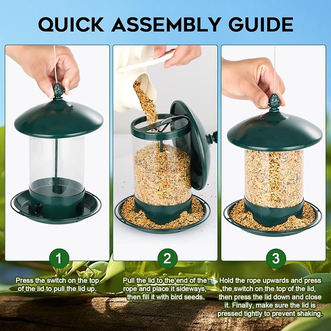 Metal Bird Feeders for Outdoors Hanging, Weather Resistant Wild Bird Feeder with 360 Degree Feeding Tray, Green, 2 Pack