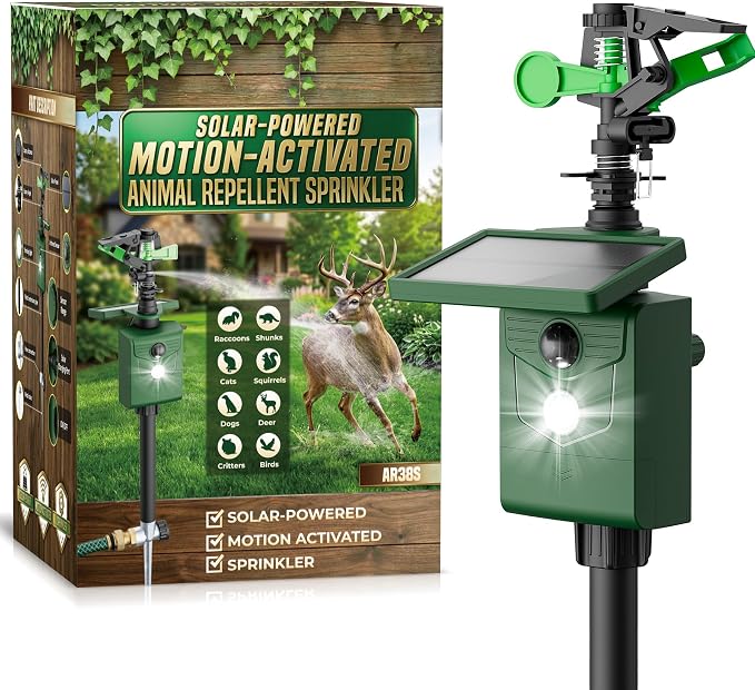 Motion Activated Animal Repeller with Water Sprinkler, Deer Repellent Devices Solar Powered, IP65 Waterproof Cat Repellent Outdoor with Flashing Light, Deter Deer Foxes Skunks Raccoons from Garden