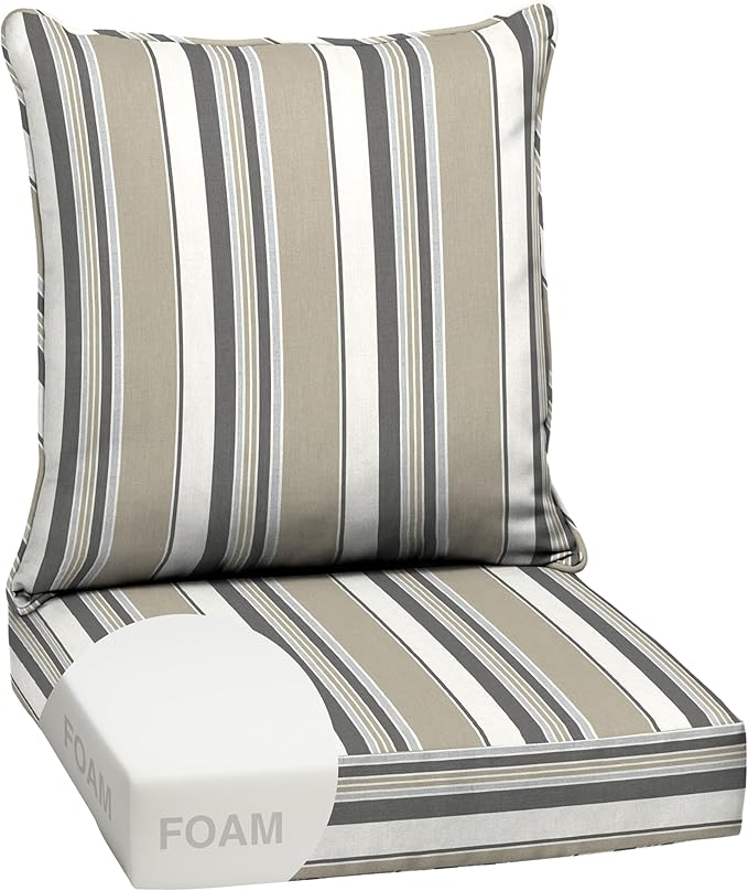 Arden earthFIBER Outdoor Foam Deep Seat Cushion Set, 24x24, Premium High-Density Foam, Never Flattens, Weather-Proof for Patio Chair Sofa Couch, Taupe Grey Boardwalk Stripe
