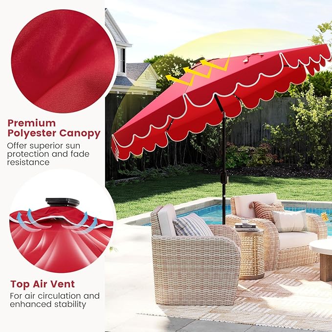 Tangkula 9 FT Solar Patio Umbrella, 2-Tiers Scalloped Outdoor Table Market Umbrella with 32 LED Lights, Vented Top, Tilt Adjustment, Crank, 8 Ribs for Backyard Poolside Deck Beach Lawn (Red)