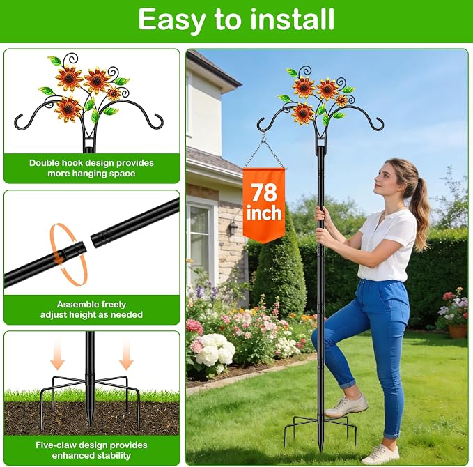 Double Shepherds Hooks for Outdoor, 1 Pack 78 Inch Bird Feeder Pole with 5 Prongs Base, Adjustable Heavy Duty Plant Hangers Sunflower Art for Outdoor Plants Hummingbird Feeder Hanging Basket Lantern