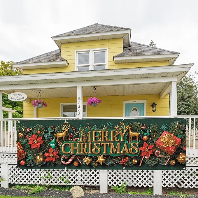 10x3 ft Extra Large Merry Christmas Banner Outdoor 115''x35'' Merry Christmas Decorations Xmas Tree Snowman Banners Yard for Fence Outside banner for Garden Party