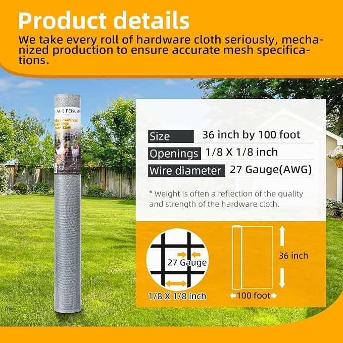 36in x 100ft Hardware Cloth 1/8 inch 27Ga Hot Dipped Galvanized After Welding, Chicken Coop Wire Fence, Welded Metal Fencing Roll Mesh for Bee Screen Garden Plant Poultry Animal Netting Cage