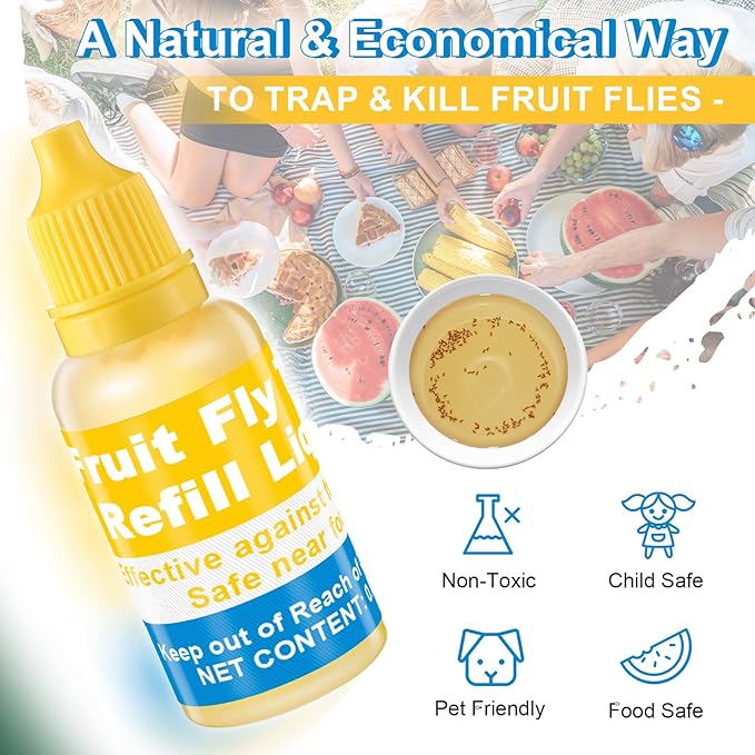 Qualirey Fruit Fly Trap for Indoor and Kitchen Use, 0.68 oz Each Bottle Fruit Fly Trap Refill Liquid, Ready to Use, Safe Near Food, Efficient Lure Refill Liquid, Yellow(16 Pack)