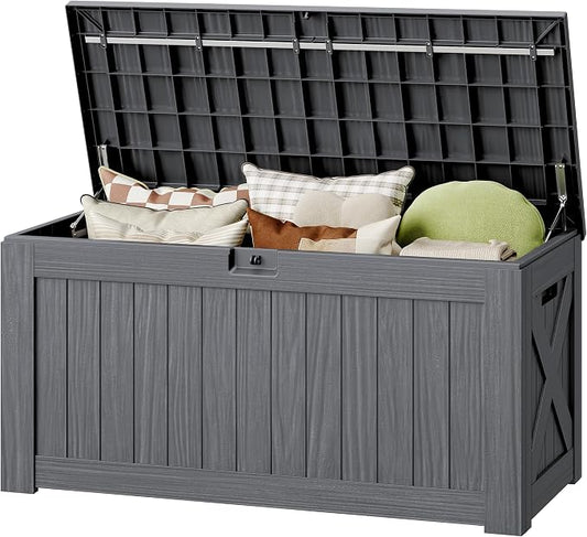 130 Gallon Deck Box Outdoor Indoor Waterproof Storage Box for Patio Furniture, Pool Accessories, Garden Tools, and Cushion Storage, Gray