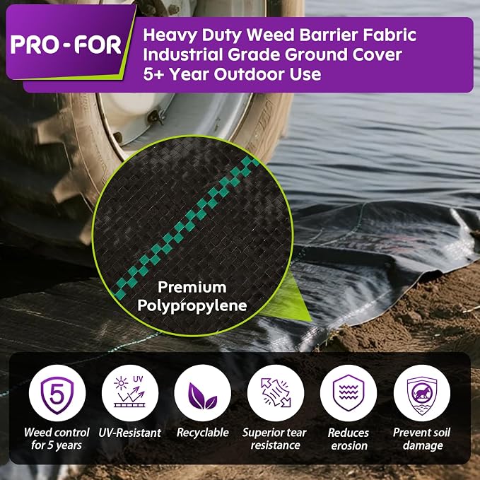 4FT x 50FT 3.2oz Heavy Duty Weed Barrier Landscape Fabric – Premium Woven Ground Cover for Gardening, Farming & Driveways, Breathable Weed Control Cloth with 10 U-Shaped Securing Pegs