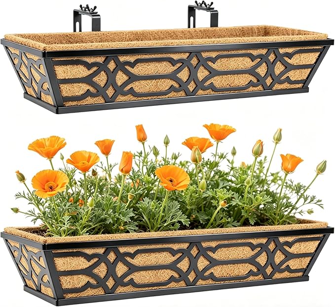 2 Pack 30 Inch Railing Planter Boxes with Coco Liner, Large Metal Window Boxes Planters for Deck Railing, Extra Wide Hanging Horse Trough for Outdoor Plants and Balcony Rails