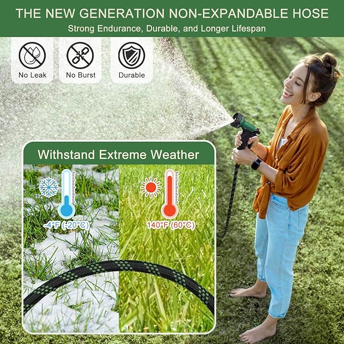 Garden Hose Non-Expandable 25 ft, Lightweight Flexible Water Hose with 10 Function Spray Nozzle, Outdoor Leak Proof, Kink-Free, Portable Hose for Yard, Lawn, Camper, High-Density Fabric, Black Green