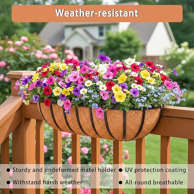 30'' Window Box Railing Planter with Coco Liner,2 Pack Horse Trough Planters Black Metal Hanging Flower Planters Basket for Porch Fence Patio Indoor Outdoor Lawn