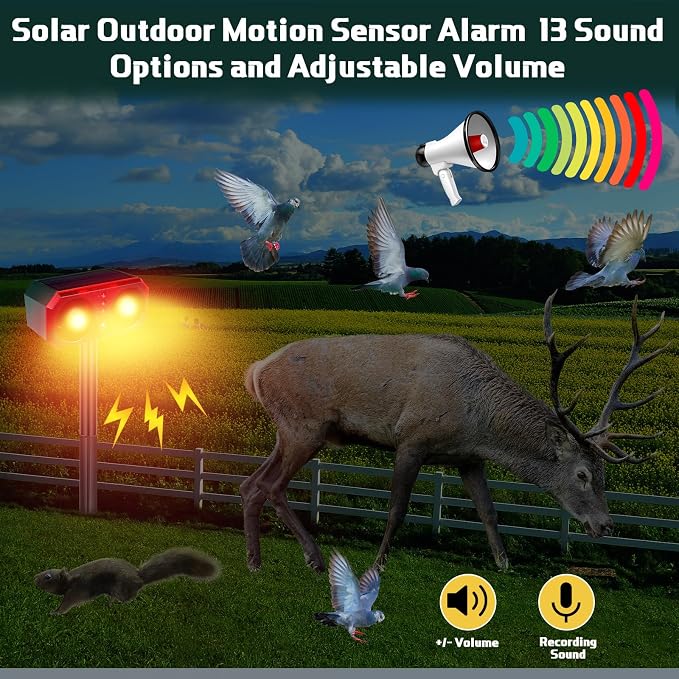 Qualirey 2 Pcs Solar Outdoor Motion Sensor Alarm with Stake Animal Deterrent Dog Barking Sensor 13 Sound 130dB Loud Noise Maker 4 Mode with USB Remote Control Support Recording Volume Adjustment