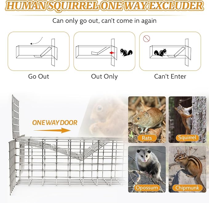 2Sets One Way Squirrel Door Excluders, 3 × 3 × 9inch Animal Excluder Cage, Humane Squirrels, Chipmunks Contactless Excluder, for Outdoor Spaces Like Attics, Chimneys - Includes Full Installation Kit
