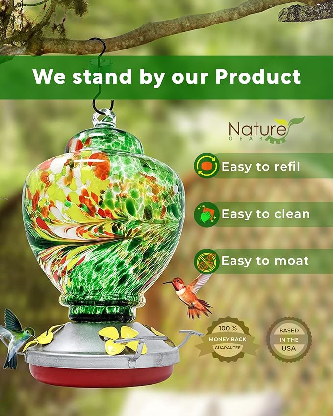 Nature Gear Glass Hummingbird Feeder for Outdoors, Hanging Bird Feeder with Ant Moat, Hand-Blown Glass Garden Feeder, Easy Clean Wide Mouth, Rust Resistant, 38 oz, Emerald Green