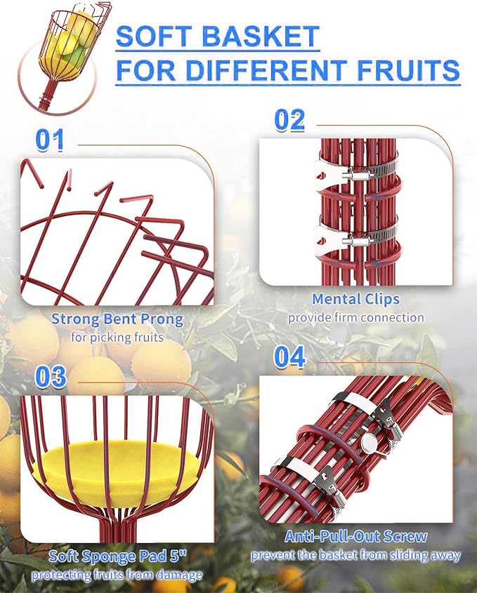 AgiiMan 28 Reach Fruit Picker with Telescopic Extension Pole and 20L Bucket, 5 to 20 FT Fruit Picker Pole Lightweight and Sturdy Aluminum Telescopic Pole, Easy to Assemble Fruit Picking Basket