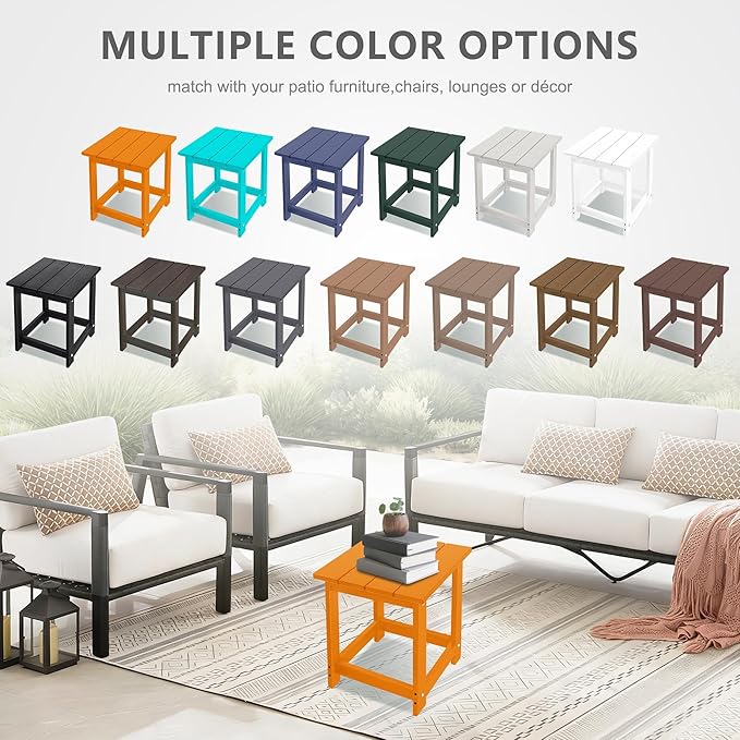 LZRS Square Patio Side Table, Heavy Duty HDPE Outdoor End Table with Wood Texture, Weatherproof Composite Table for Adirondack Chairs, Deck, Pool, Indoor/Outdoor, No Peeling or Cracking(Orange)