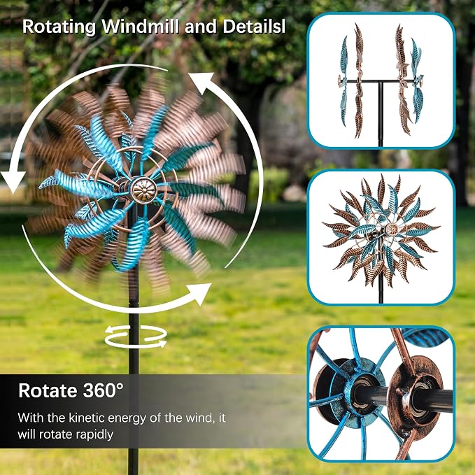 Large Wind Spinners Outdoor Metal, 360° Double-Layer Garden Wind Spinners Sculptures, 63" ×13.4", Kinetic Pinwheels for Yard and Garden Patio & Lawn (Blue Copper)