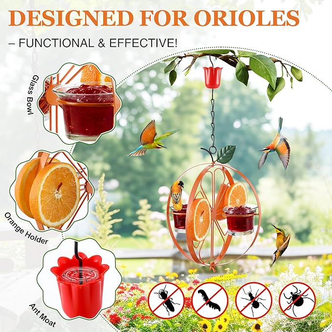 Oriole Feeder with Jelly Cups and Orange Holders, Oriole Bird Feeder for Outdoors Hanging, Foldable Orange-Shaped Jelly Feeders with Glass Bowls for Grape Fruit (1 Pack)