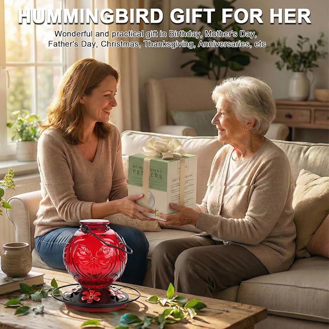 Glass Hummingbird Feeder for Outdoors Hanging, 25Oz Humming Bird Nectar Feeders with Perch & 5 Flower Feeding Ports, Leak Proof for Outside Garden Decor, Gifts for Women (Red)