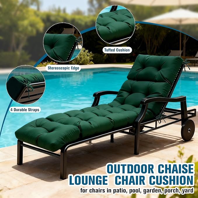 MTMR Chaise Lounge Cushion Outdoor, Non-Slip Chair Cushion for Patio Furniture, Waterproof Outdoor Replacement Seat Pad for Pool Lawn Wicker Couch Bench Loveseat, Long Thick Lounge Cushion, Emerald