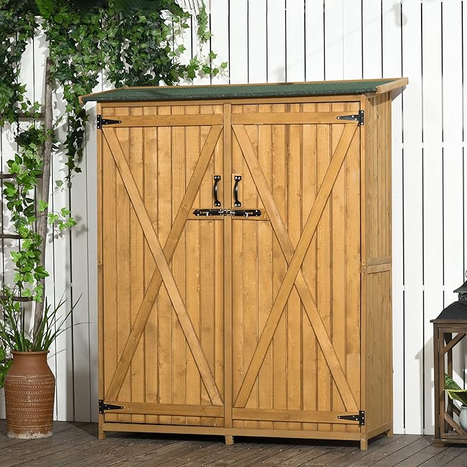 Outsunny Outdoor Storage Cabinet Wooden Garden Shed Utility Tool Organizer with Waterproof Asphalt Rood, Lockable Doors, 3 Tier Shelves for Lawn, Backyard, Natural