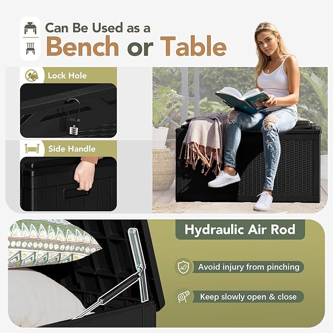 Flamaker Deck Box with Cushion 98 Gallon Waterproof Resin Storage Box with Air Rod Indoor Outdoor Lockable Storage Bench for Patio Furniture, Tools, Pool Accessories (Black)