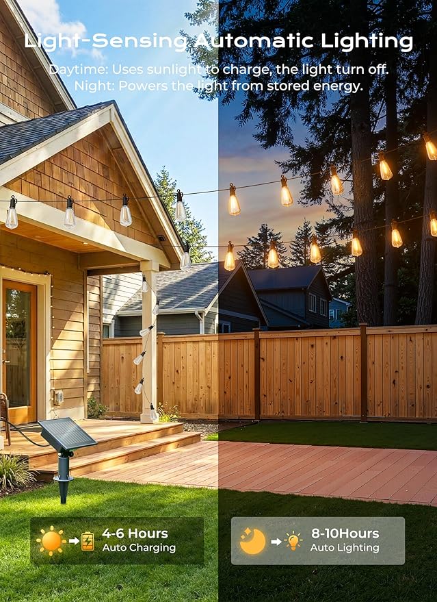 Brightown 58FT Solar String Lights Outdoor Waterproof with Remote, 25+1 LED Shatterproof Bulbs, Dimmable & Timable, 3 Light Modes - Commercial Grade Patio Lights for Garden Backyard Party Decor