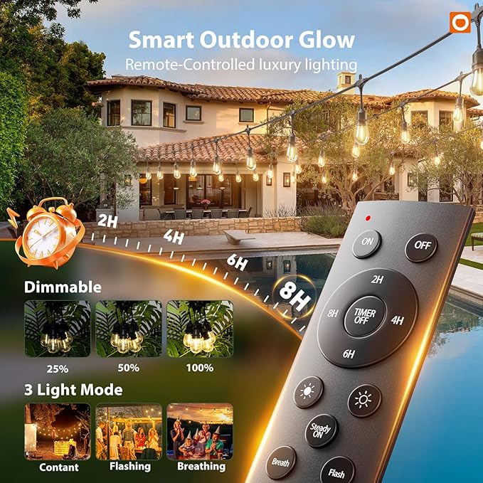 addlon 100FT Outdoor String Lights LED with Remote Dimmable Patio Lights Waterproof Shatterproof with 50 Edison Bulbs for Outside Backyard Porch Garden Bistro Pergola Party Decor, Warm Lighting