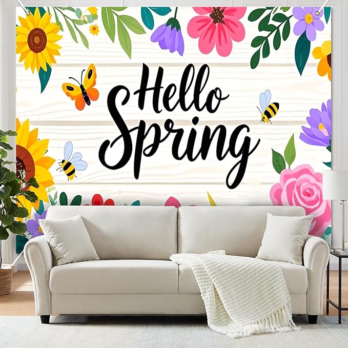 BlissYard Hello Spring Backdrop Decoration Floral Garden Banner 8x6ft Spring Photo Backdrop Flower Background for Spring Party Easter Celebration Photo Booth Kids Event Wall Display