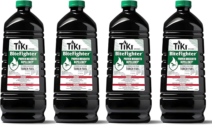 TIKI BiteFighter® Mosquito Repellent Torch Fuel 3/4 Gallon (100 oz.) 4-Pack, Citronella & Cedar Formula for Mosquito Repellency, Easy Pour Bottle, Use with Torches & Table Torches, Outdoor & Backyard