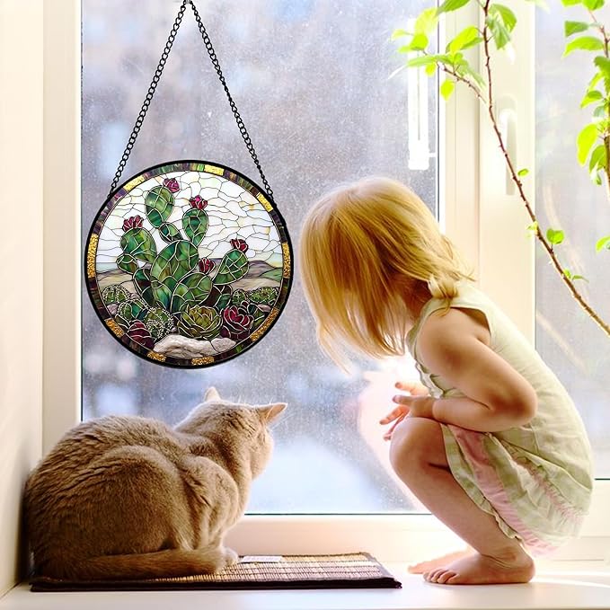 DASTOLL Stained Glass Window Hanging,Green Cactus Purple Flowers Suncatcher Diamond Glass Panel Sun Catchers Decor for Birthday for Women, Men, Wife, Aunt, and Mom 11.8x11.8 in
