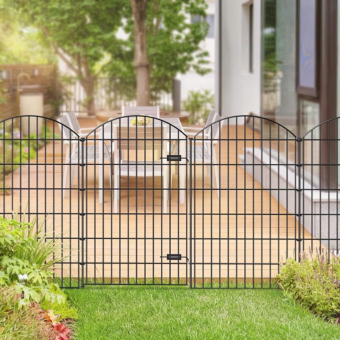 FOREHOGAR Metal Garden Fence with Gate 48in (H) x 12.7ft (L), 1 Gate+ 4 Panels Dog Fence Border Fences Animal Barrier, No Dig Garden Fencing for Yard Flower Bed Lawn Patio Outdoor, ECG4805G, Black
