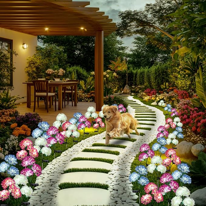 4-Pack Solar Hydrangea Garden Decor, 4 LED Flower Stake Lights - Waterproof Long-Lasting Outdoor Solar Patio Decor for Lawn, Yard & Pathway