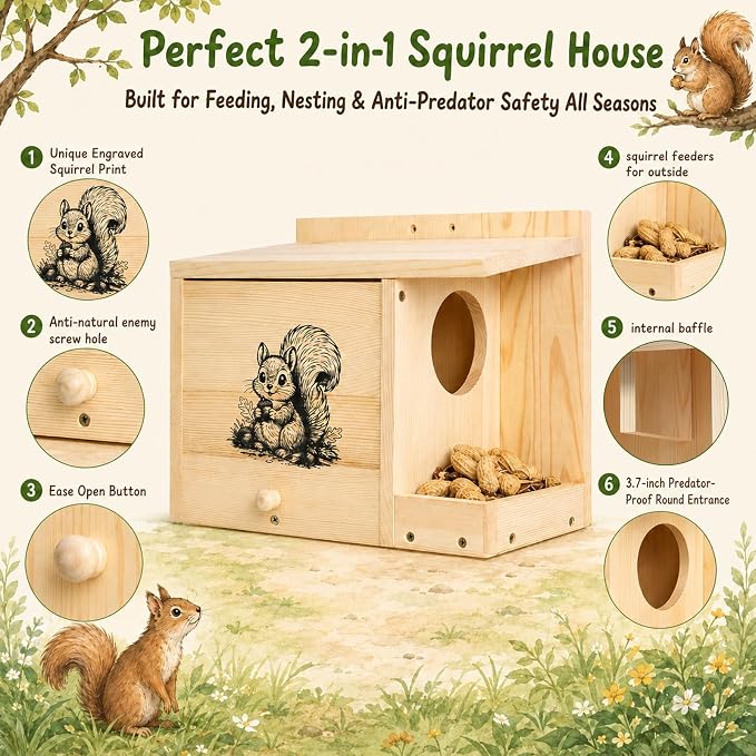 Large Squirrel House for Outside, Squirrel Nesting Box with Squirrel Feeder | Anti-Predator Solid Wood Squirrel Box for Backyard, Waterproof Squirrel feeders for outside, Easy to Assemble,14×11×7.5 Inch