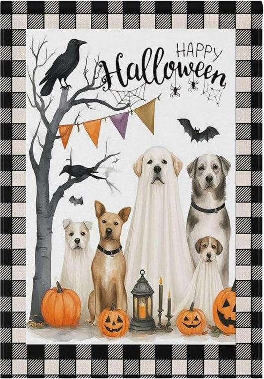 Happy Halloween Dogs House Flag 28x40 Inch Double Sided Outside Pumpkin Lantern Raven Black Buffalo Plaid Seasonal Yard Outdoor Flag Banner for Garden Lawn Patio Holiday Decorations