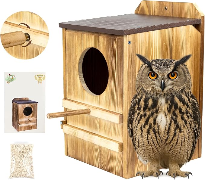 9'' x 14.5'' Owl House for Outdoor, Screech Owl House, Bird Box Large Handmade Wooden Circular Opening Screech Box for Outside with Mounting Screws and A Bag of Wood Shavings