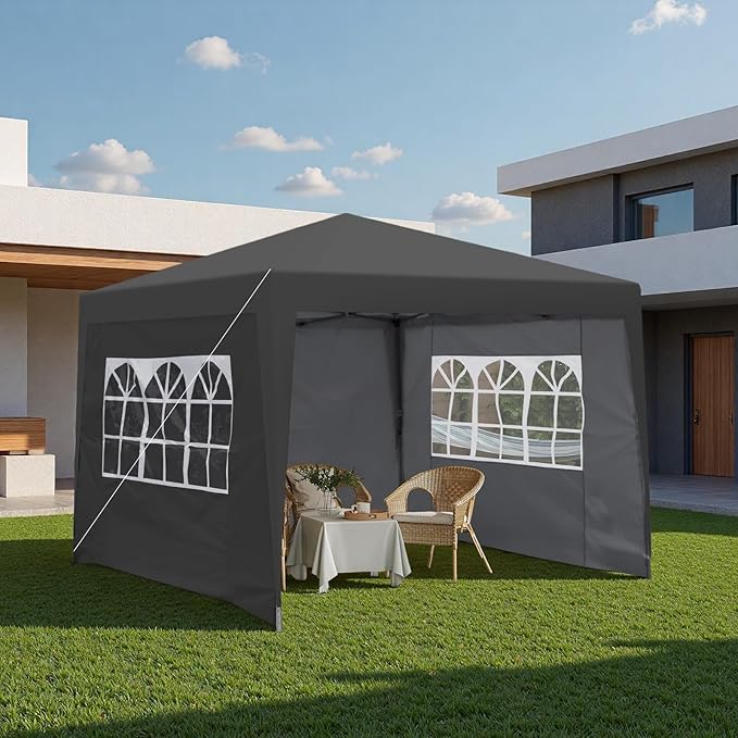 10x10FT Canopy Tent, Outdoor Gazebo Pop up Canopy with 4 Removable Sidewalls & 2 Windows, Patio Camping Shade Canopy with 4 PCS Weight Sand Bag & Carry Bag, Ideal for Parties Events, Black
