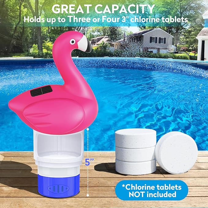 Pool Chlorine Floater, 9 in Flamingo Chlorine Floater with Light, Solar Chlorine Floater w/Adjustable Flow, Large Size Chlorine Tablet Floater, Floating Chlorine Dispenser for Pool Hot Tub