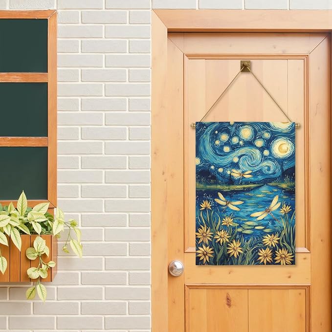 Summer Daisy House Flag Starry Night Style Floral Garden Flags with Dragonflies Spring Lake Landscape Artistic Impressionist Flower Banner Outdoor for Lawn Patio Porch Seasonal Home 28 x 40 Inch
