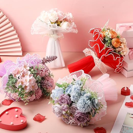 Gilprop 8 Pcs Flower Wrapping Mesh Paper, 11 Inch x 4 Yard Wavy Pearl Edge Wrinkled Flower Packaging Mesh, Florist Supplies for Teacher Mother's Day Gifts (Red,Pink,White,Purple)