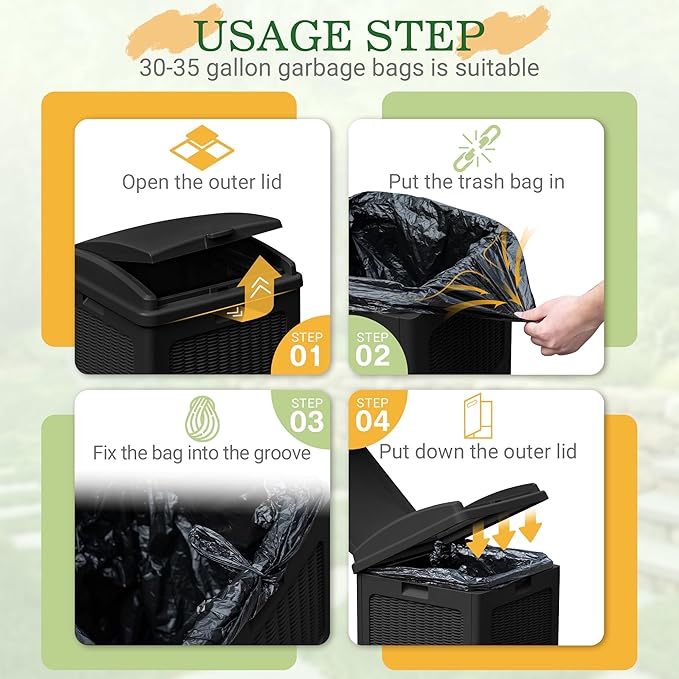 Greesum 33 Gallon Outdoor Trash Can with Lid, Waterproof Resin Garbage Bin for Hideaway, Deck, Patio, Dark Black