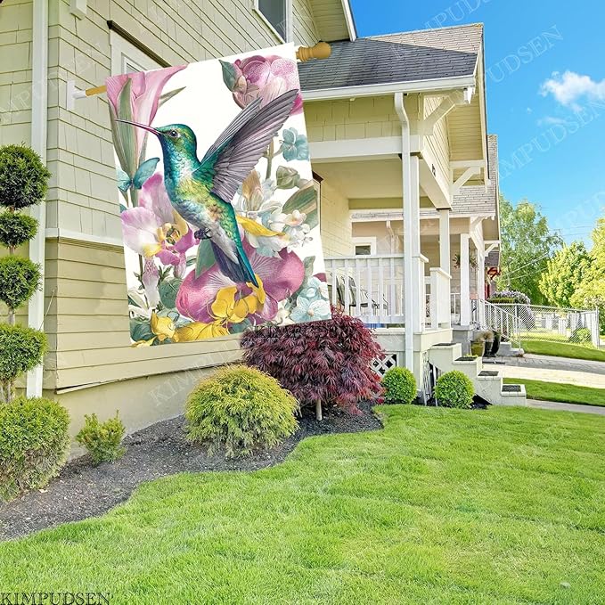 Spring Summer House Flag for Outside 28x40 Double Sided, Hummingbird Flowers Large Garden Flags Seasonal Farmhouse Holiday Yard Outdoor Decoration