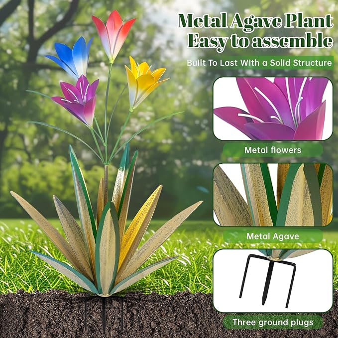 TOMBABY 32.28 Inch Metal Agave Plant Outdoor Decoration Lily Mexican Yard Art Garden Gift Home Decor Hand Painted Metal Agave Garden Yard Statue (2pc, Grass Green)
