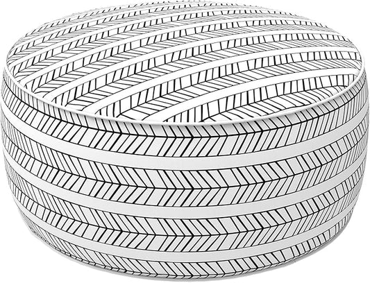 LVTXIII Indoor/Outdoor Inflatable Ottoman with Handle D21 x H9 Inch, Weather-Resistant Round Footstool Pouf for Patio Camping Living Room, Portable Footrest Extra Seating, Herringbone Black White
