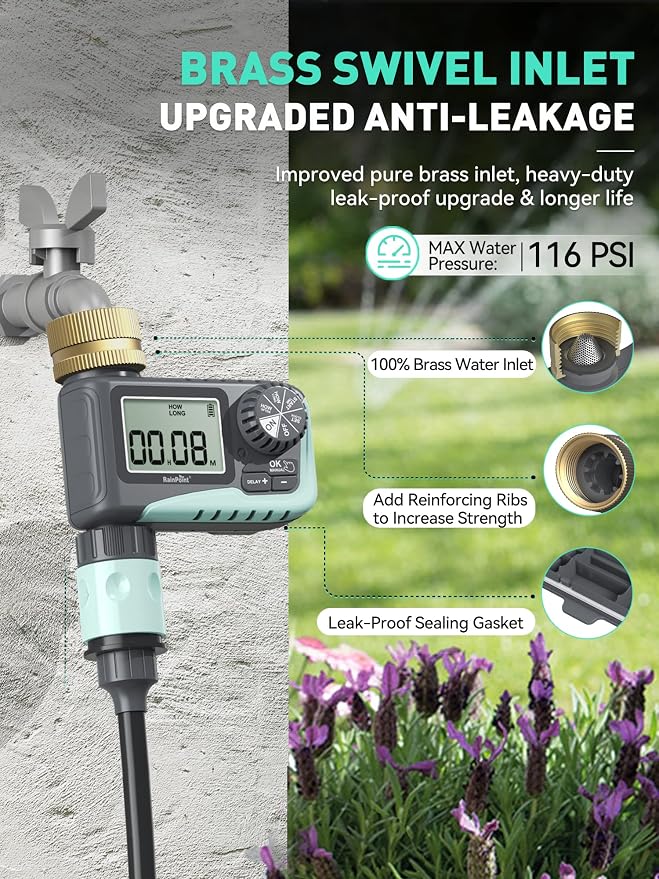 RAINPOINT Sprinkler Timer with Brass Swivel, Rain Delay/Manual Watering/Automatic Irrigation Controller System Hose Timer Programmable Faucet Timer for Yard