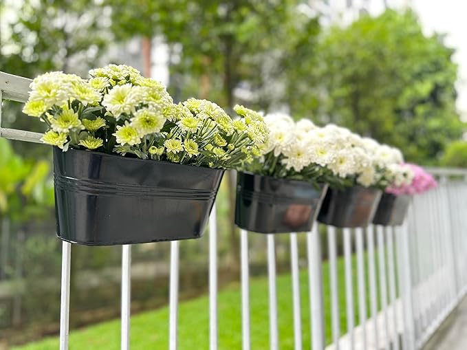 LaLaGreen Outdoor Plants Rail Planter (11.2 Inch, 8 Pack) Black Metal Iron Hanging Flower Pots Deck Railings Fence Buckets Modern Garden Boho Style Wall Mount Window Box Plant Holder Hooks Porch Decor