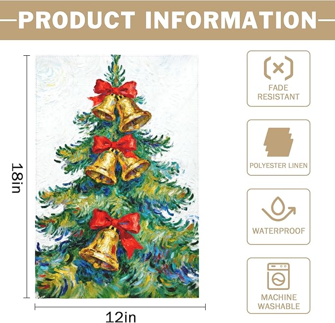 Christmas Garden Flag 12x18 Inch Green Yellow Red Xmas Tree Bell Bowknot Winter Holiday Decorative Yard Flags for Outside Double Sided Seasonal Outdoor Home Farmhouse Decoration Porch New Year Decor