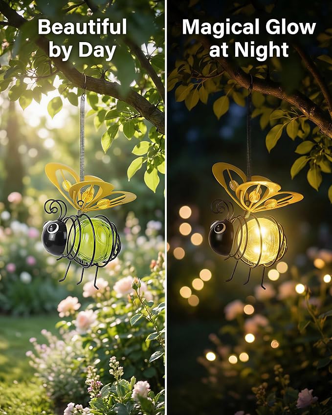 Solar Hanging Bee Light – Outdoor Metal Garden Decor with LED Glow, Yellow Glass Body – Waterproof Solar Powered Insect Ornament for Yard, Tree, Porch, Patio Outdoor Lighted Holiday Displays (2 Pack)